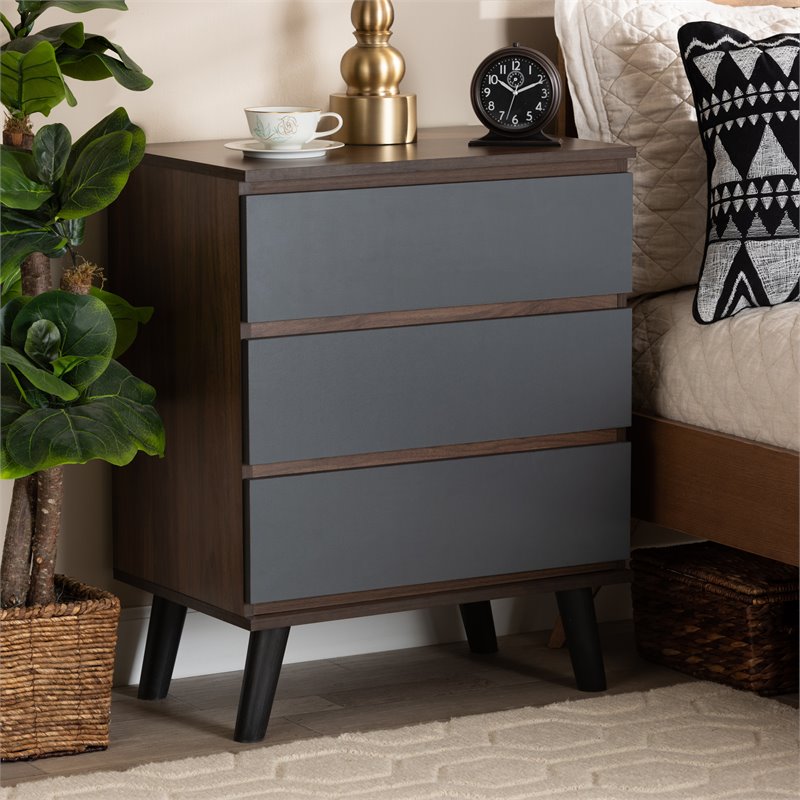 Baxton Studio Roldan Walnut and Grey Finished Wood 3-Drawer Bedroom Chest
