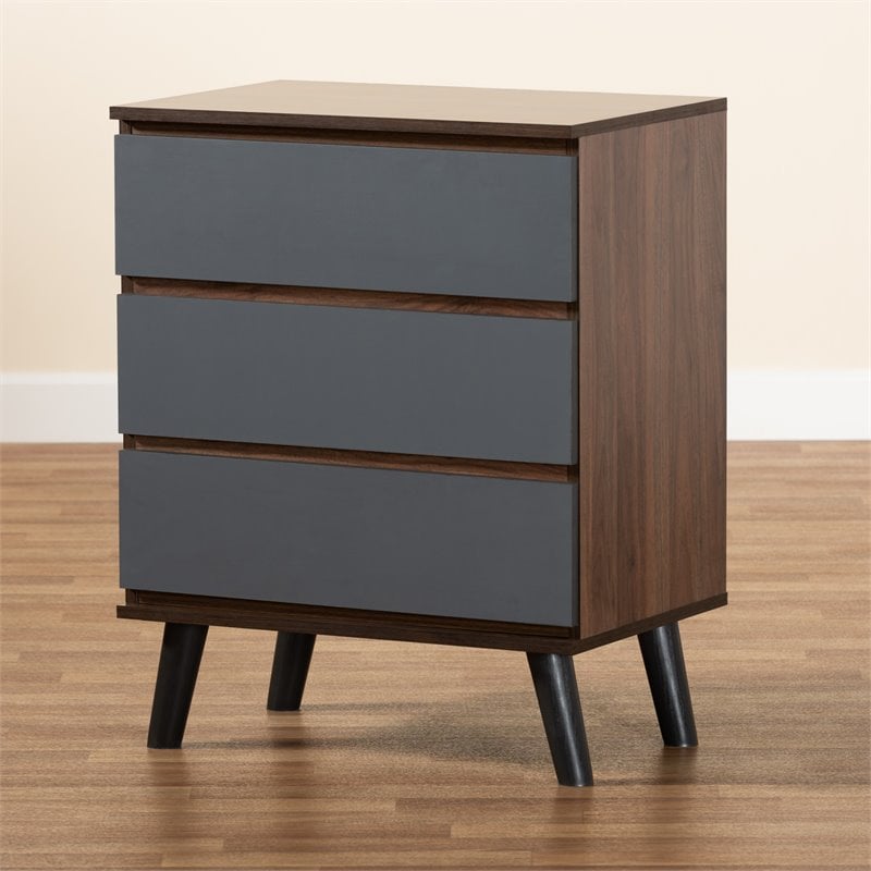 Baxton Studio Roldan Walnut and Grey Finished Wood 3-Drawer Bedroom Chest