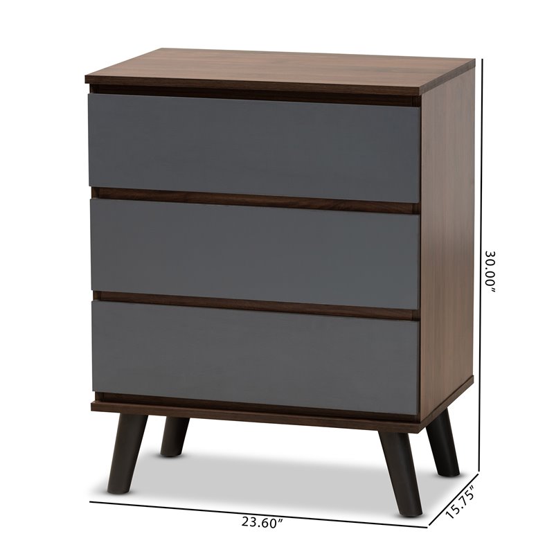 Baxton Studio Roldan Walnut and Grey Finished Wood 3-Drawer Bedroom Chest