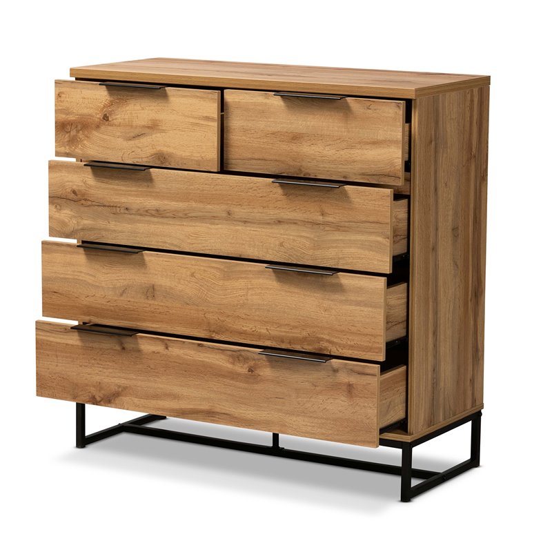 Baxton Studio Franklin 5-Drawer Engineered Wood Bedroom Chest in Oak Brown/Black