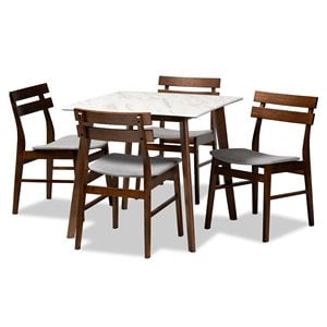 Baxton Studio Brown Wood 5-Piece Dining Set with Faux Marble Dining Table