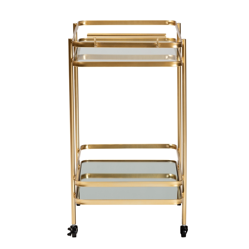 Baxton Studio Destin Gold Finished Metal and Glass 2-Tier Mobile Wine Bar Cart