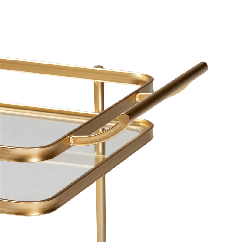 Baxton Studio Destin Gold Finished Metal and Glass 2-Tier Mobile Wine Bar Cart