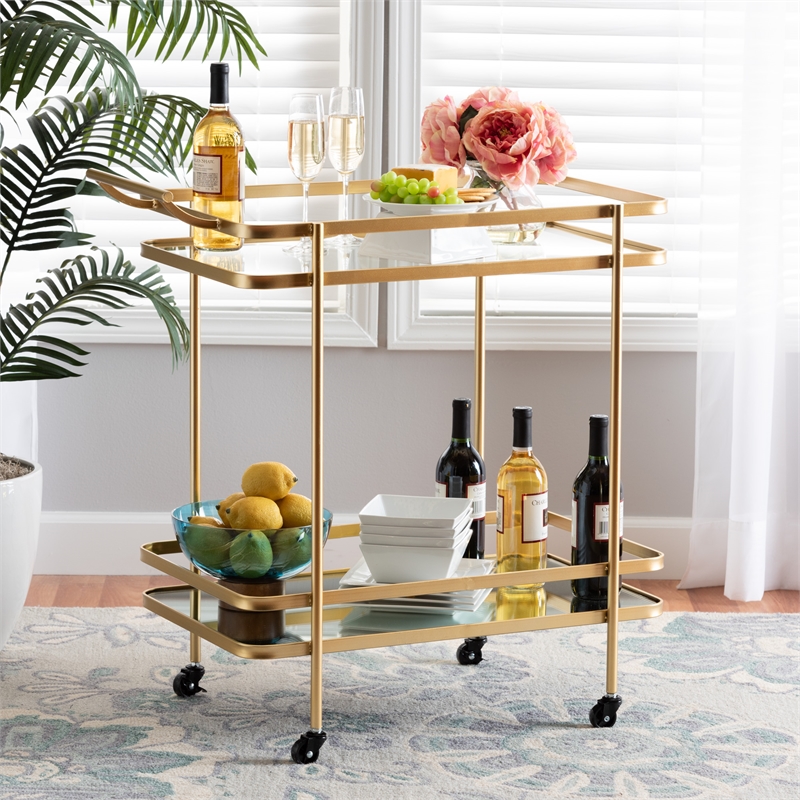 Baxton Studio Destin Gold Finished Metal and Glass 2-Tier Mobile Wine Bar Cart