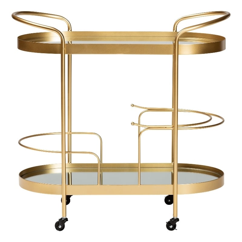 Baxton Studio Kamal Gold Finished Metal and Glass 2-Tier Mobile Wine Bar Cart