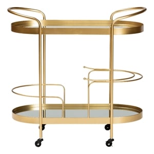Baxton Studio Kamal Gold Finished Metal and Glass 2-Tier Mobile Wine Bar Cart