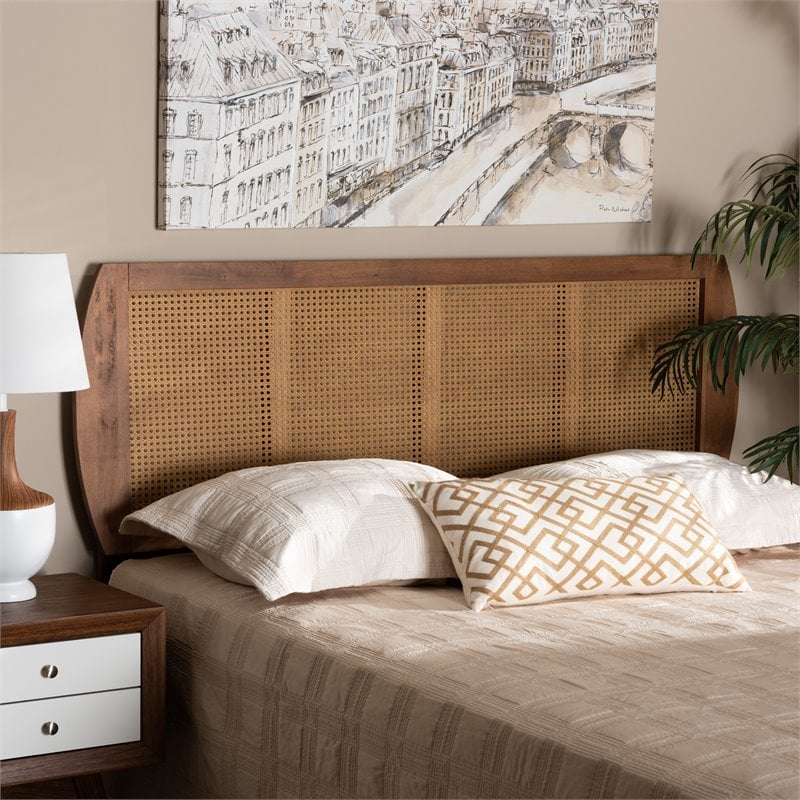 Baxton Studio Harris Walnut Finished Wood and Rattan Full Size Headboard