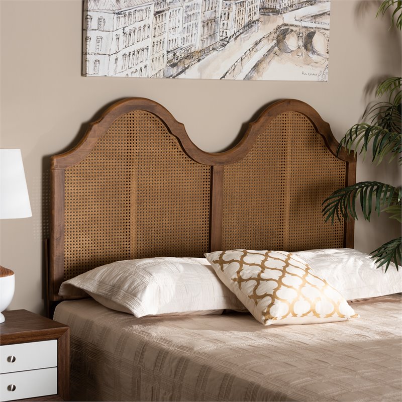Baxton Studio Hazel Walnut Finished Wood and Rattan Queen Size Arched Headboard