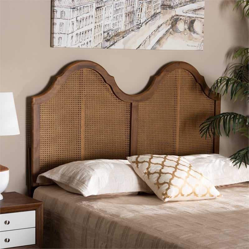 Baxton Studio Hazel Walnut Finished Wood and Rattan King Size Arched Headboard
