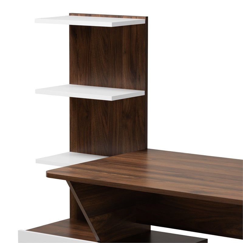 Baxton Studio White and Brown Finished Wood Storage Computer Desk with Shelves