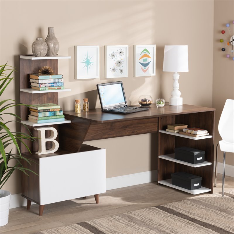 Baxton Studio White and Brown Finished Wood Storage Computer Desk with Shelves