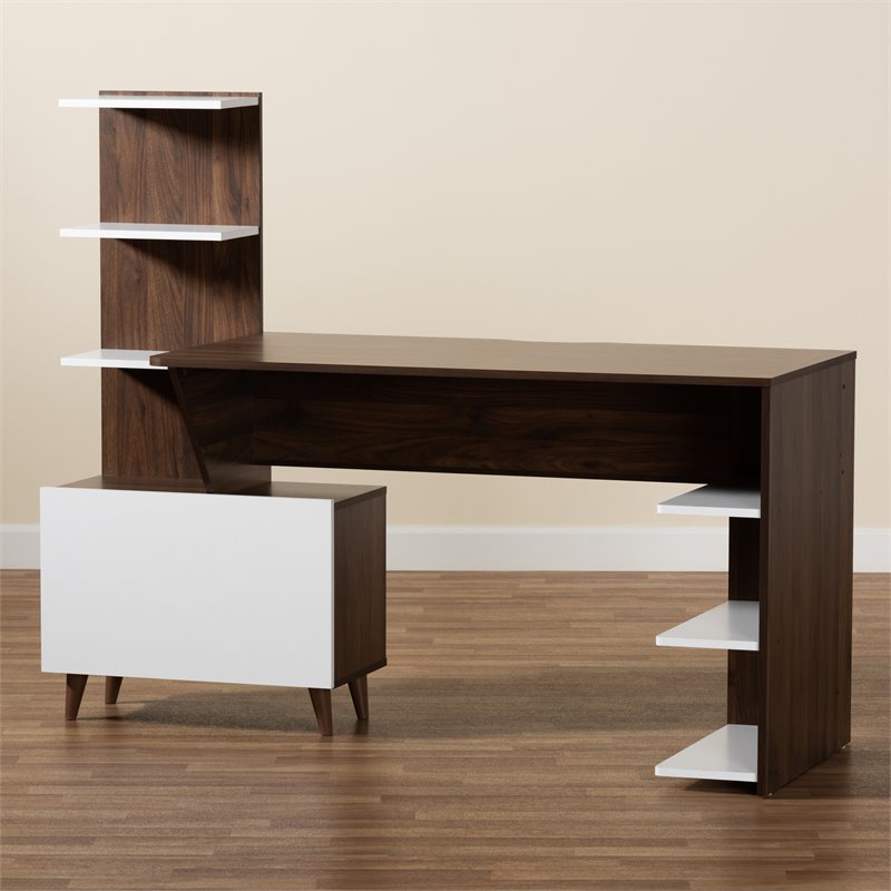 Baxton Studio White and Brown Finished Wood Storage Computer Desk with Shelves