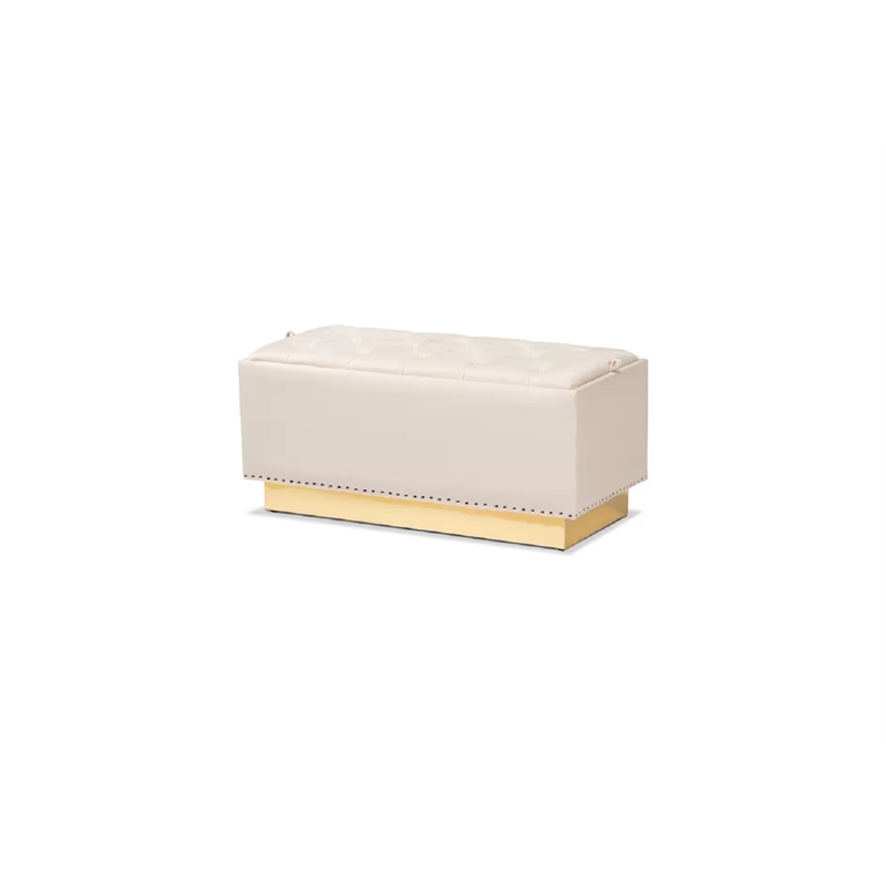 Baxton Studio Beige Velvet Upholstered Storage Ottoman in Gold PU Leather Base