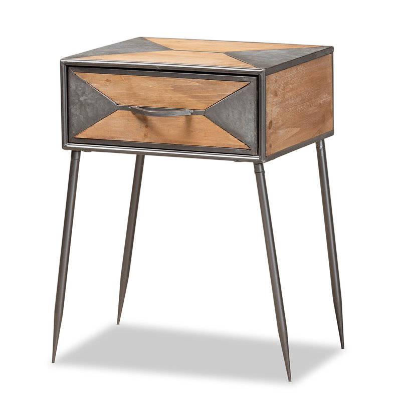 Baxton Studio Laurel Grey Metal and Whitewashed Brown Wood 1-Drawer End Table