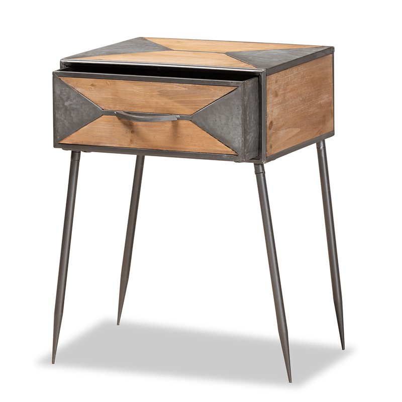Baxton Studio Laurel Grey Metal and Whitewashed Brown Wood 1-Drawer End Table