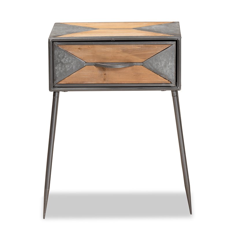 Baxton Studio Laurel Grey Metal and Whitewashed Brown Wood 1-Drawer End Table