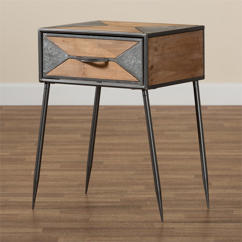 Baxton Studio Laurel Grey Metal and Whitewashed Brown Wood 1-Drawer End Table