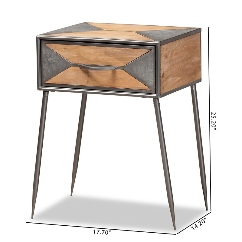 Baxton Studio Laurel Grey Metal and Whitewashed Brown Wood 1-Drawer End Table