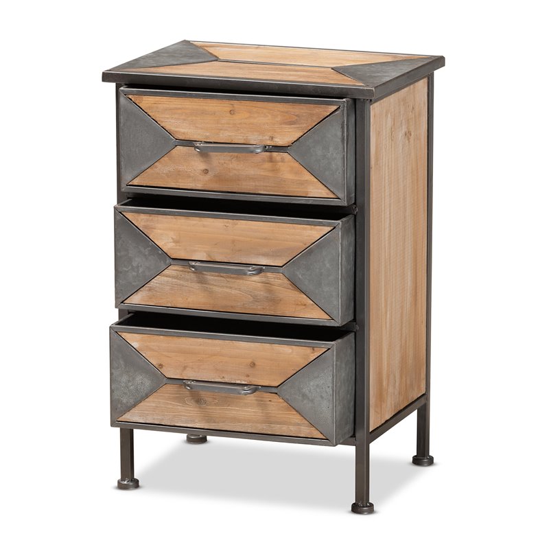 Baxton Studio Laurel Antique Grey Metal and Brown Wood 3-Drawer End Table