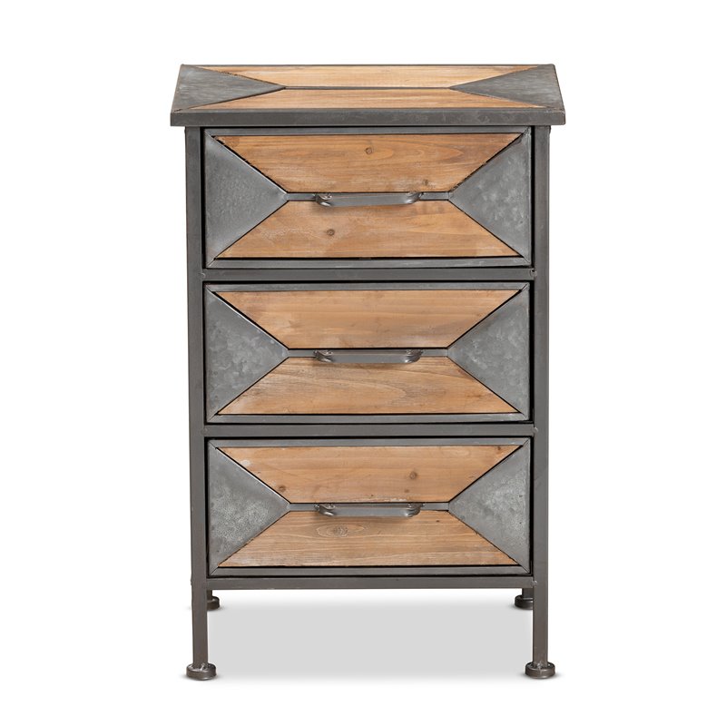 Baxton Studio Laurel Antique Grey Metal and Brown Wood 3-Drawer End Table