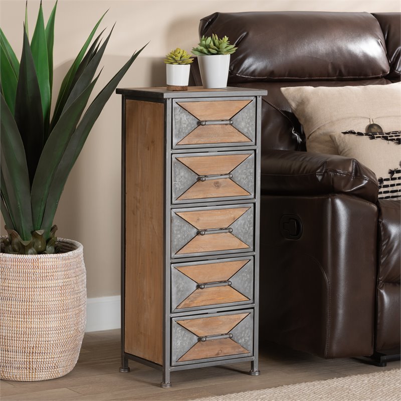 Baxton Studio Laurel Grey Finished and Brown Finished Wood 5-Drawer Cabinet