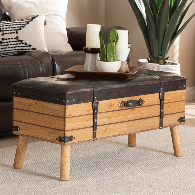 Baxton Studio Amena Dark Brown and Oak Finished Wood Large Storage Ottoman