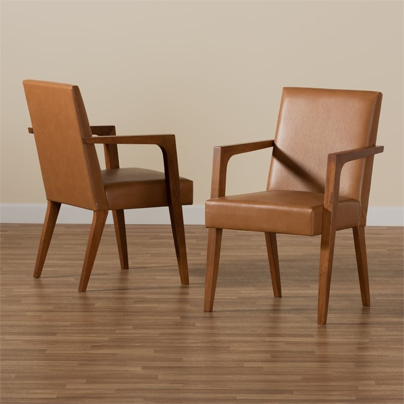 Baxton Studio Andrea Faux Leather Accent Chair in Tan/Walnut Brown (Set of 2)