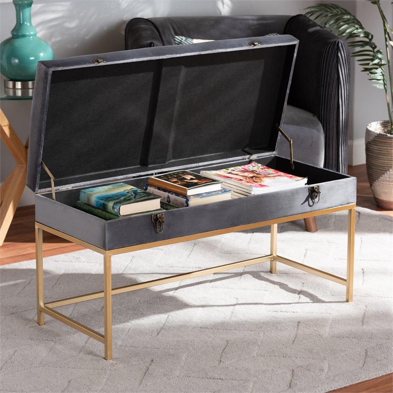 Baxton Studio Aliana Velvet Fabric and Gold Finished Metal Large Ottoman