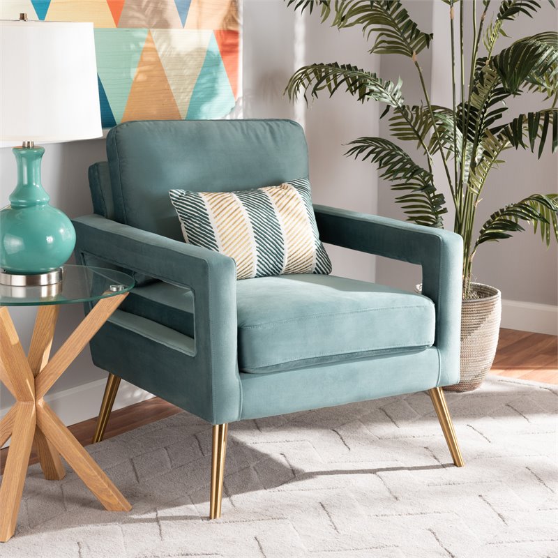 Baxton Studio Leland Velvet Upholstered Accent Chair in Blue with Gold Legs
