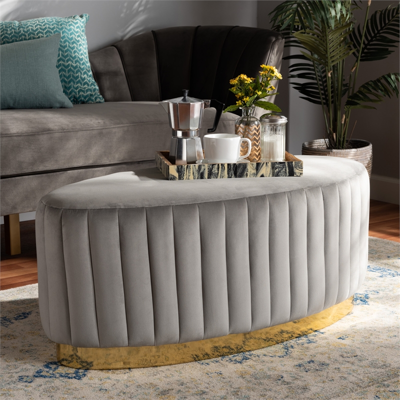 Baxton Studio Kirana Velvet Fabric Upholstered and Gold PU Leather Ottoman