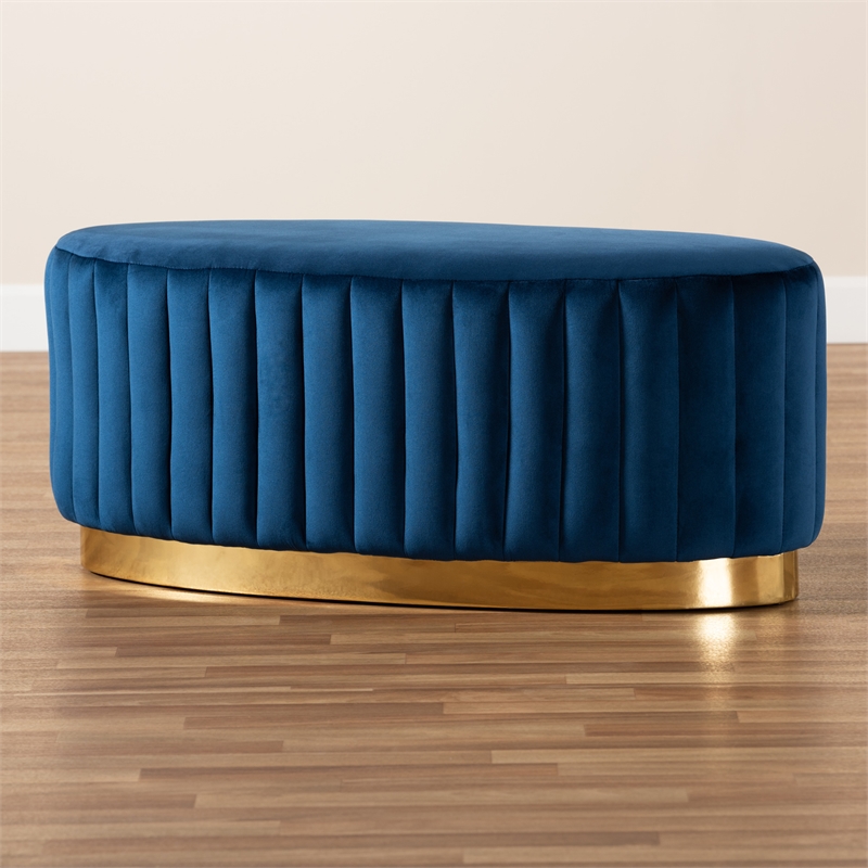 Baxton Studio Kirana Navy Blue Velvet Fabric Upholstered and Gold PU Ottoman