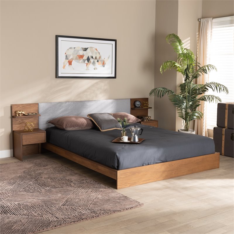 Baxton Studio Sami Grey Brown Finished Wood Queen Size Bed with Nightstands
