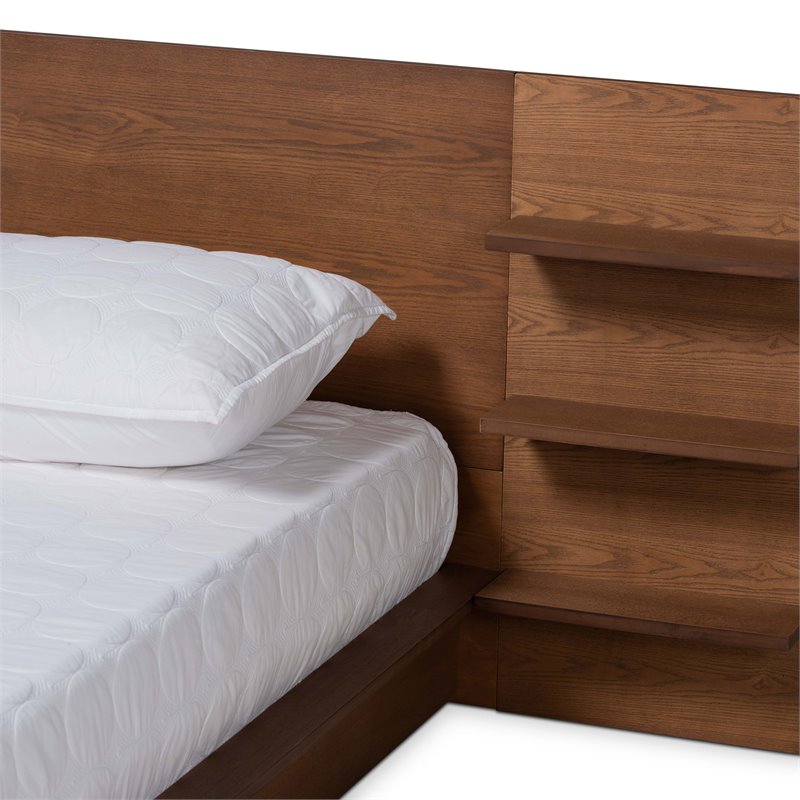 Baxton Studio Elina Walnut Brown Finished Wood King Size Bed with Shelves