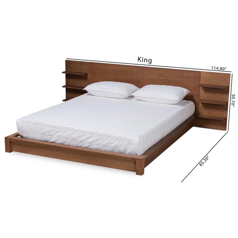 Baxton Studio Elina Walnut Brown Finished Wood King Size Bed with Shelves