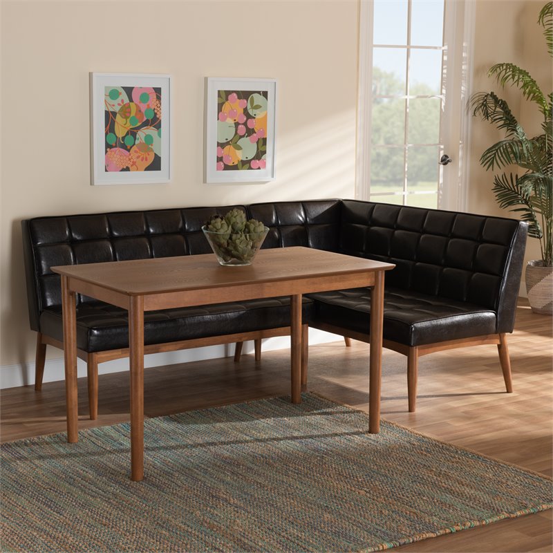 Baxton Studio Sanford Brown Finished Wood 3-Piece Dining Nook Set