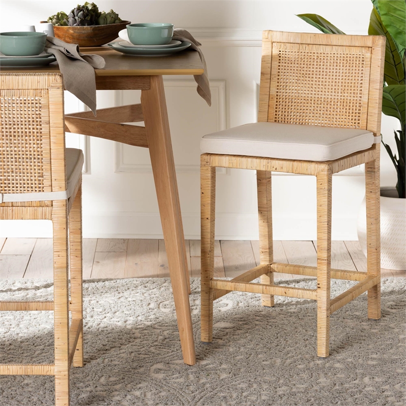 Baxton Studio Sofia Natural Finished Wood and Rattan Counter Stool