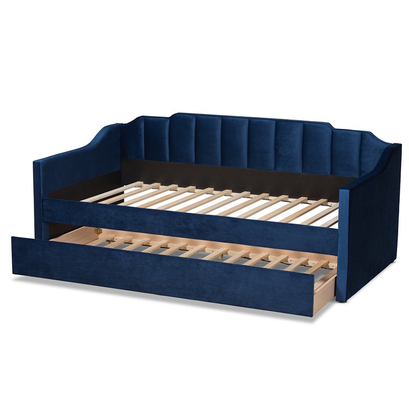 Baxton Studio Lennon Navy Blue Velvet Twin Size Daybed with Trundle