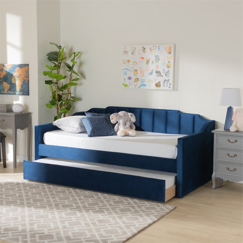 Baxton Studio Lennon Navy Blue Velvet Twin Size Daybed with Trundle
