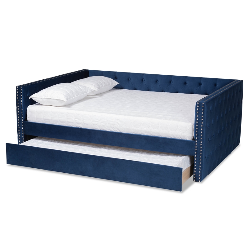 Baxton Studio Larkin Blue Velvet Upholstered Full Size Daybed with Trundle