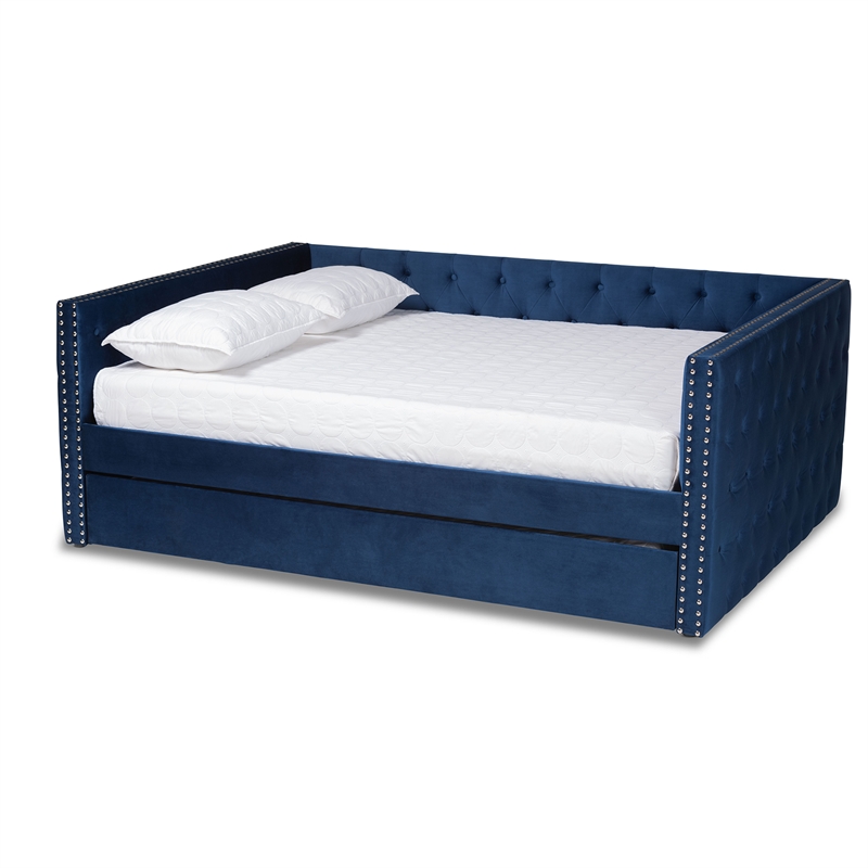 Baxton Studio Larkin Blue Velvet Upholstered Full Size Daybed with Trundle