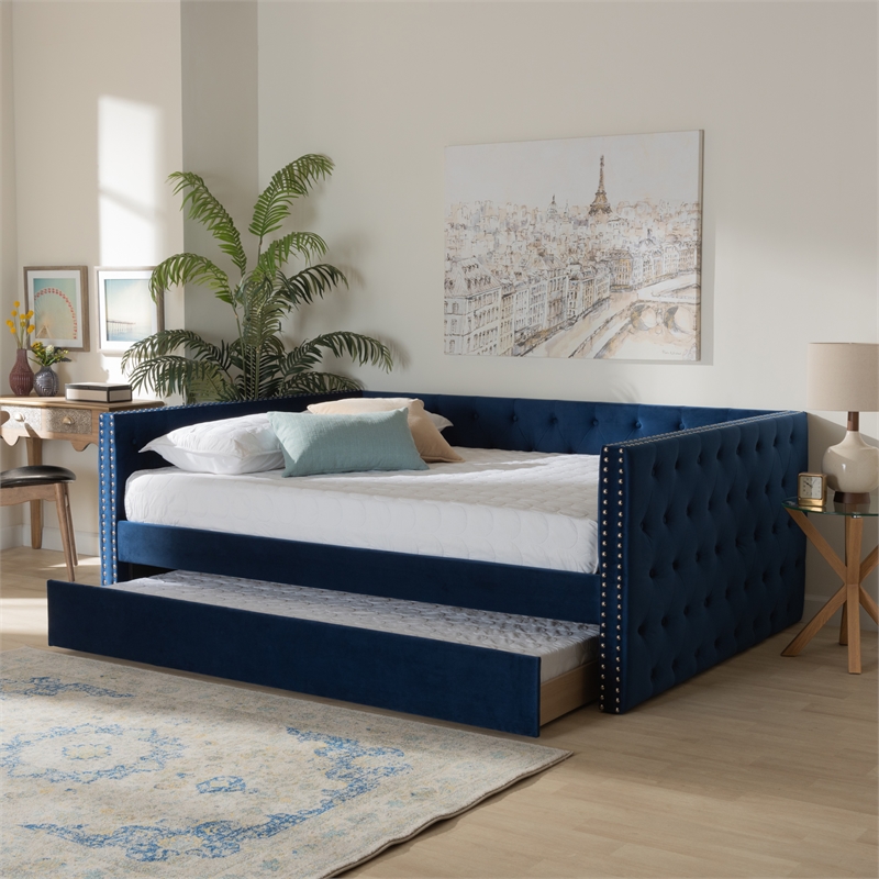 Baxton Studio Larkin Blue Velvet Upholstered Full Size Daybed with Trundle