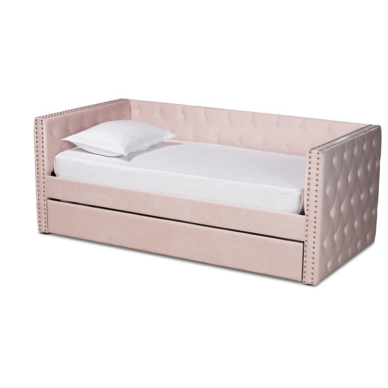 Baxton Studio Larkin Pink Velvet Upholstered Twin Size Daybed with Trundle