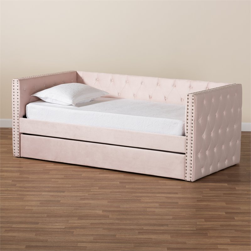Baxton Studio Larkin Pink Velvet Upholstered Twin Size Daybed with Trundle
