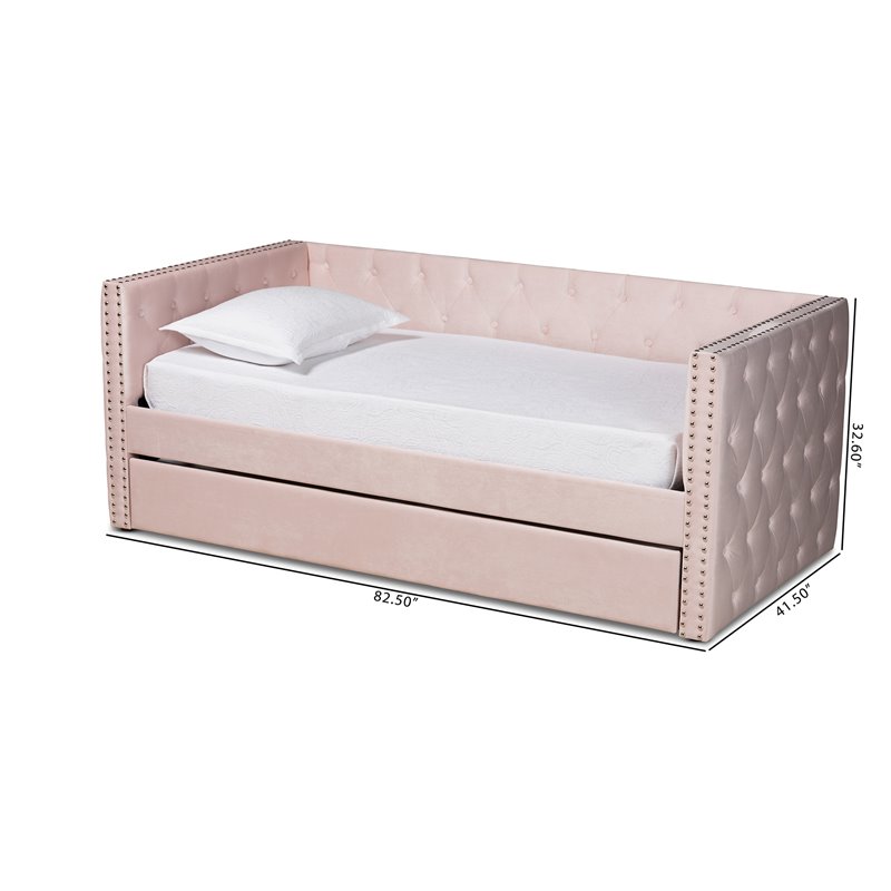 Baxton Studio Larkin Pink Velvet Upholstered Twin Size Daybed with Trundle