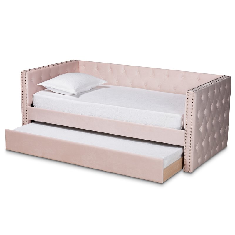 Baxton Studio Larkin Pink Velvet Upholstered Twin Size Daybed with Trundle
