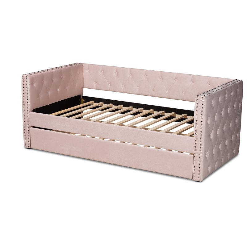 Baxton Studio Larkin Pink Velvet Upholstered Twin Size Daybed with Trundle
