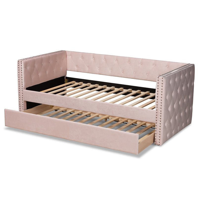 Baxton Studio Larkin Pink Velvet Upholstered Twin Size Daybed with Trundle
