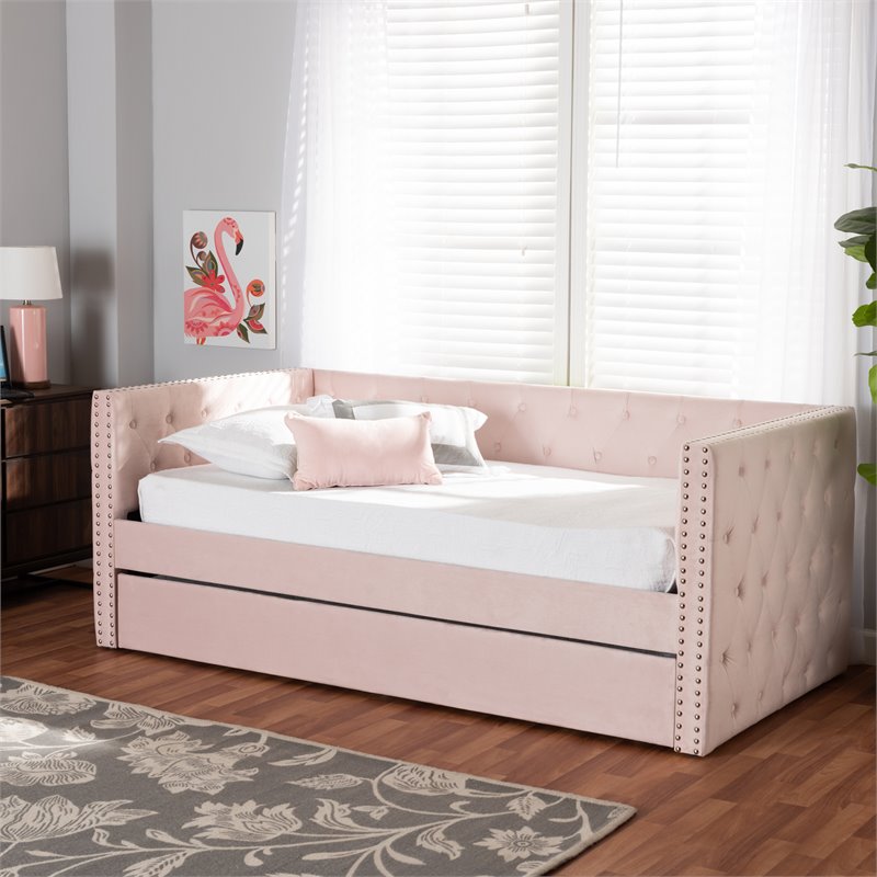 Baxton Studio Larkin Pink Velvet Upholstered Twin Size Daybed with Trundle