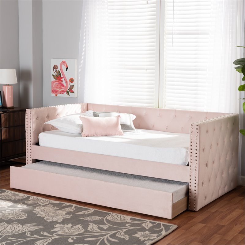 Baxton Studio Larkin Pink Velvet Upholstered Twin Size Daybed with Trundle