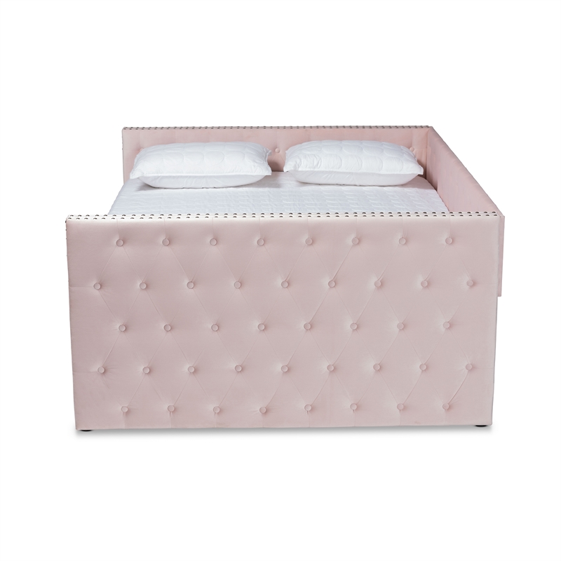 Baxton Studio Larkin Pink Velvet Upholstered Queen Size Daybed with Trundle